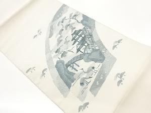 本綴れ地紙に松・鶴・城模様織出し名古屋帯